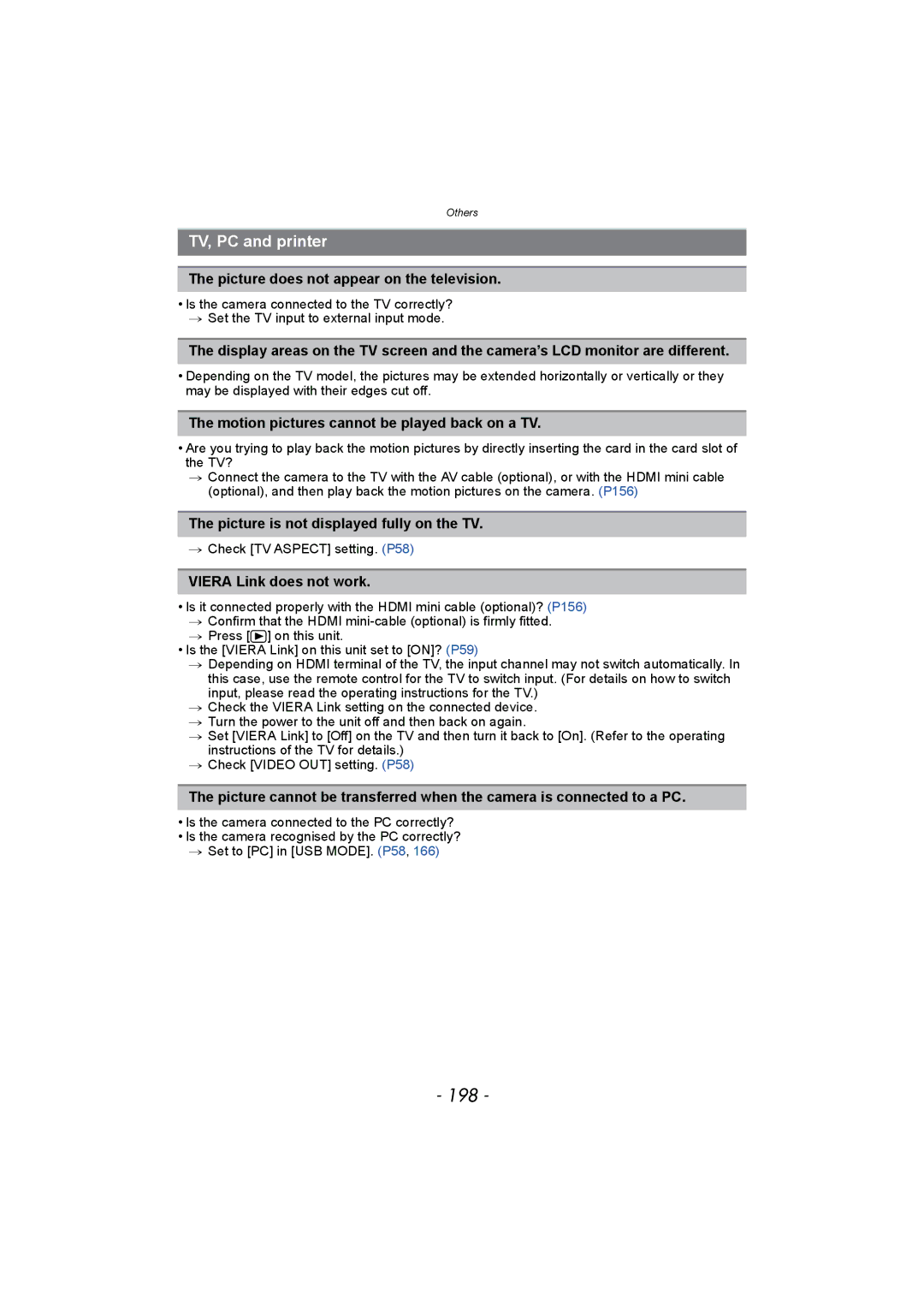 Panasonic DMC-FZ150 operating instructions 198, TV, PC and printer 