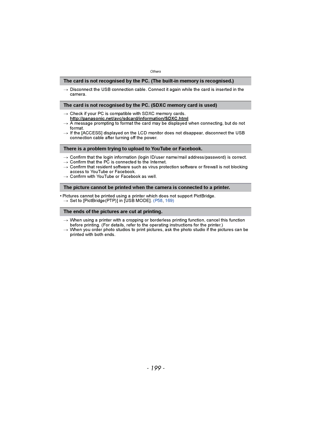 Panasonic DMC-FZ150 operating instructions 199, Card is not recognised by the PC. Sdxc memory card is used 