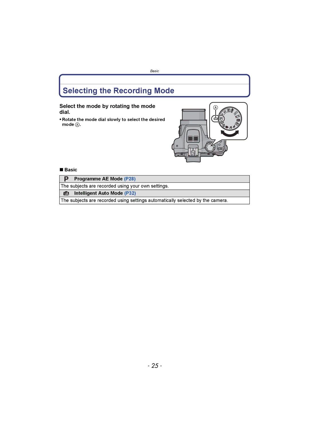 Panasonic DMC-FZ150 Selecting the Recording Mode, Select the mode by rotating the mode dial, Basic Programme AE Mode P28 