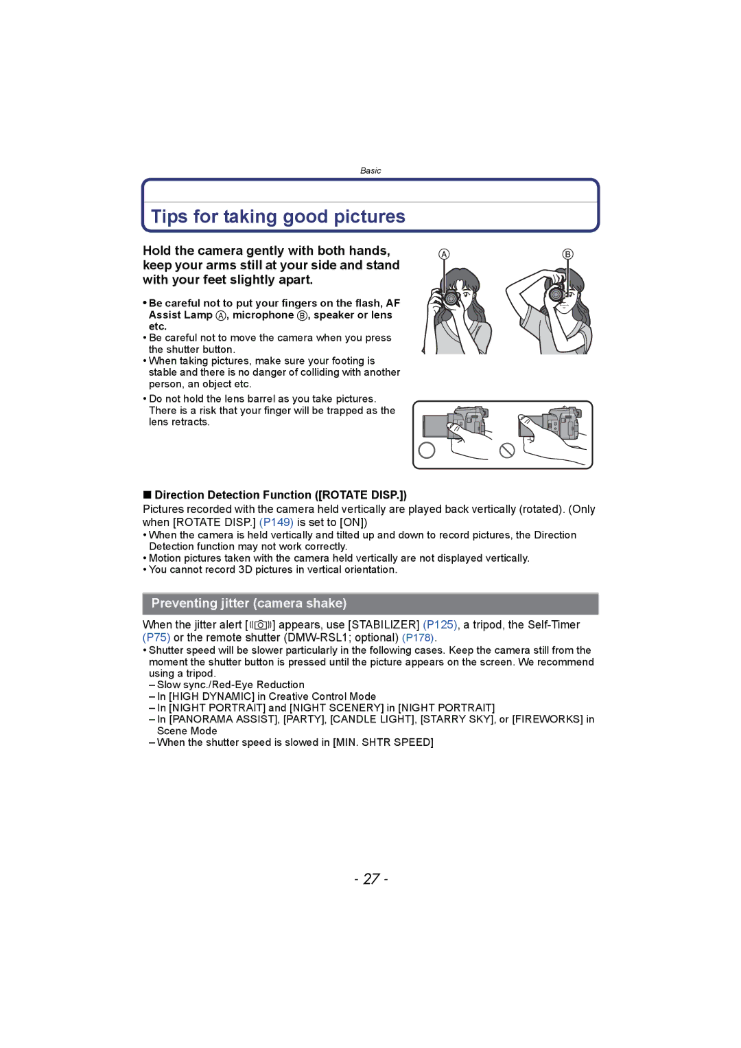 Panasonic DMC-FZ150 operating instructions Tips for taking good pictures, Preventing jitter camera shake 