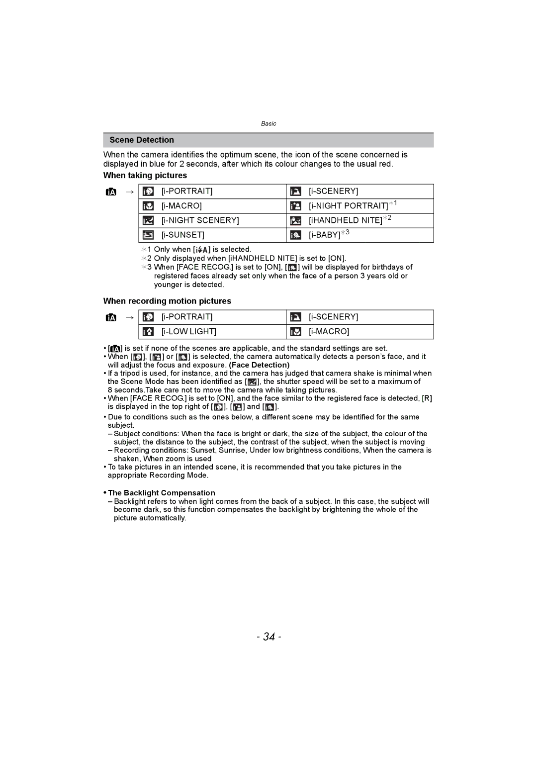 Panasonic DMC-FZ150 Scene Detection, When taking pictures, When recording motion pictures, Backlight Compensation 