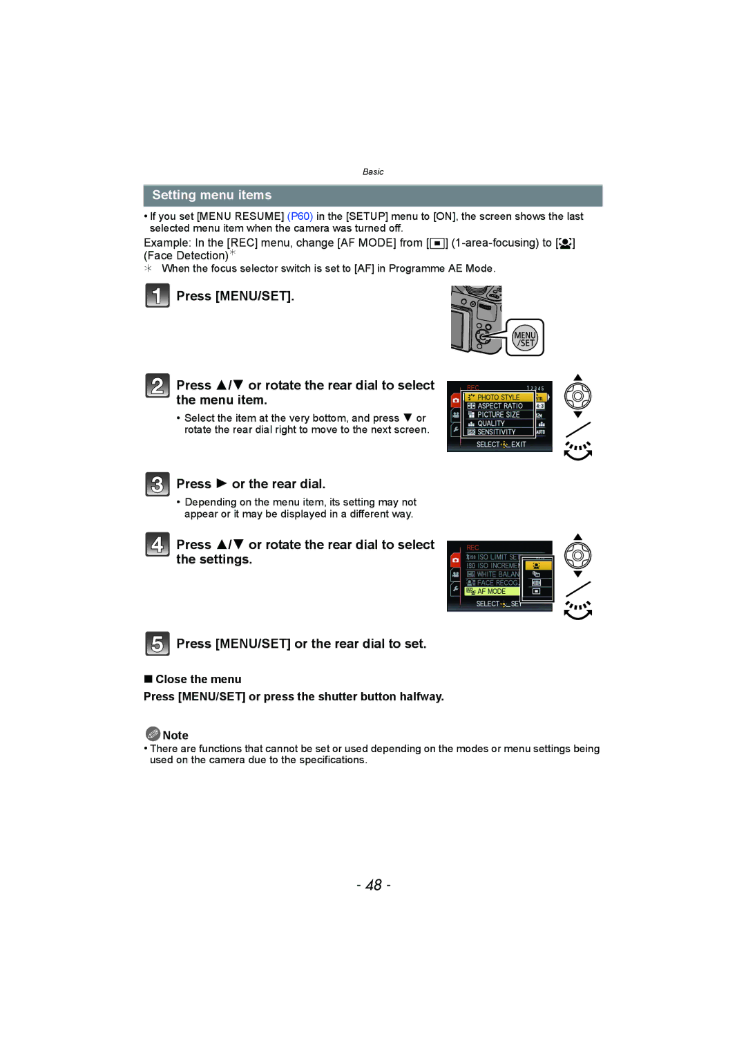 Panasonic DMC-FZ150 operating instructions Setting menu items, Press 1 or the rear dial 