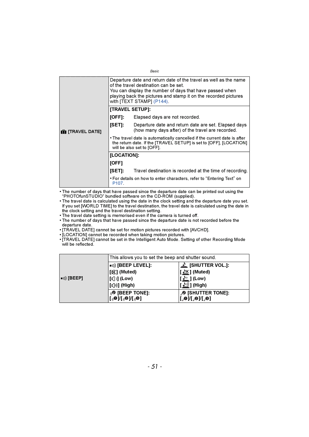 Panasonic DMC-FZ150 operating instructions Travel Setup, Location OFF, Shutter VOL, Beep Tone Shutter Tone 