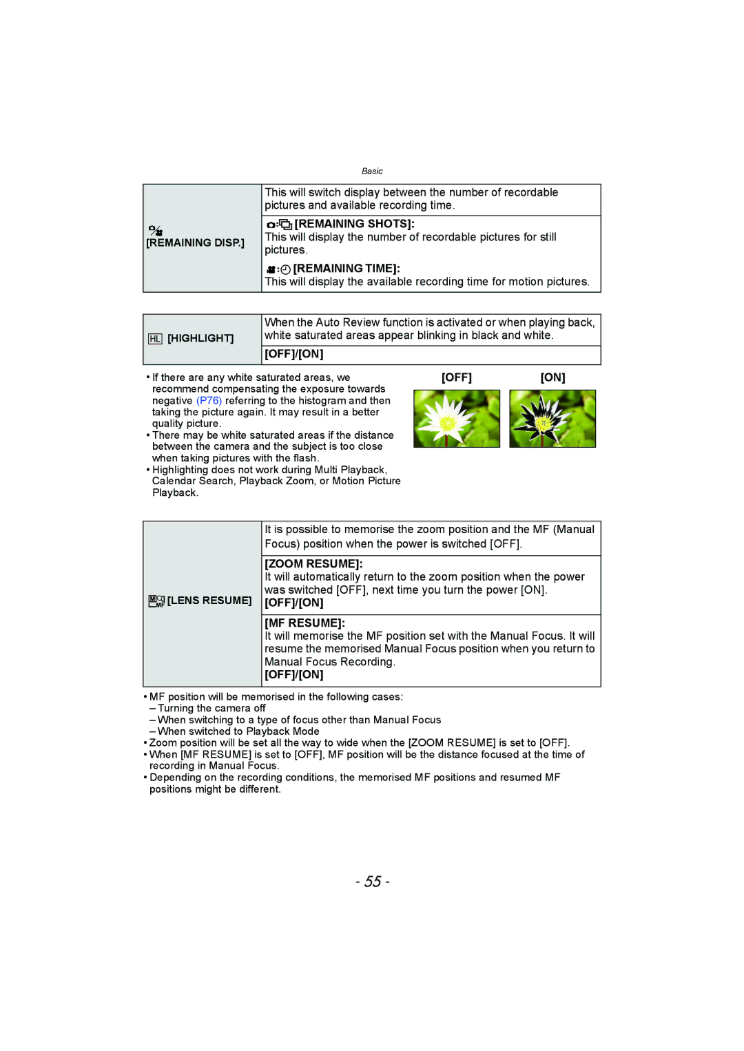 Panasonic DMC-FZ150 operating instructions Remaining Shots, Remaining Time, Zoom Resume, MF Resume 