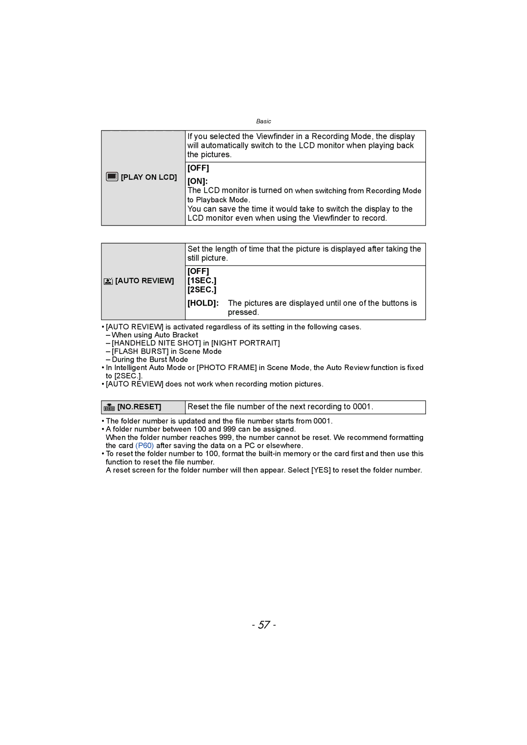 Panasonic DMC-FZ150 operating instructions 1SEC 2SEC, Reset the file number of the next recording to, Auto Review, No.Reset 