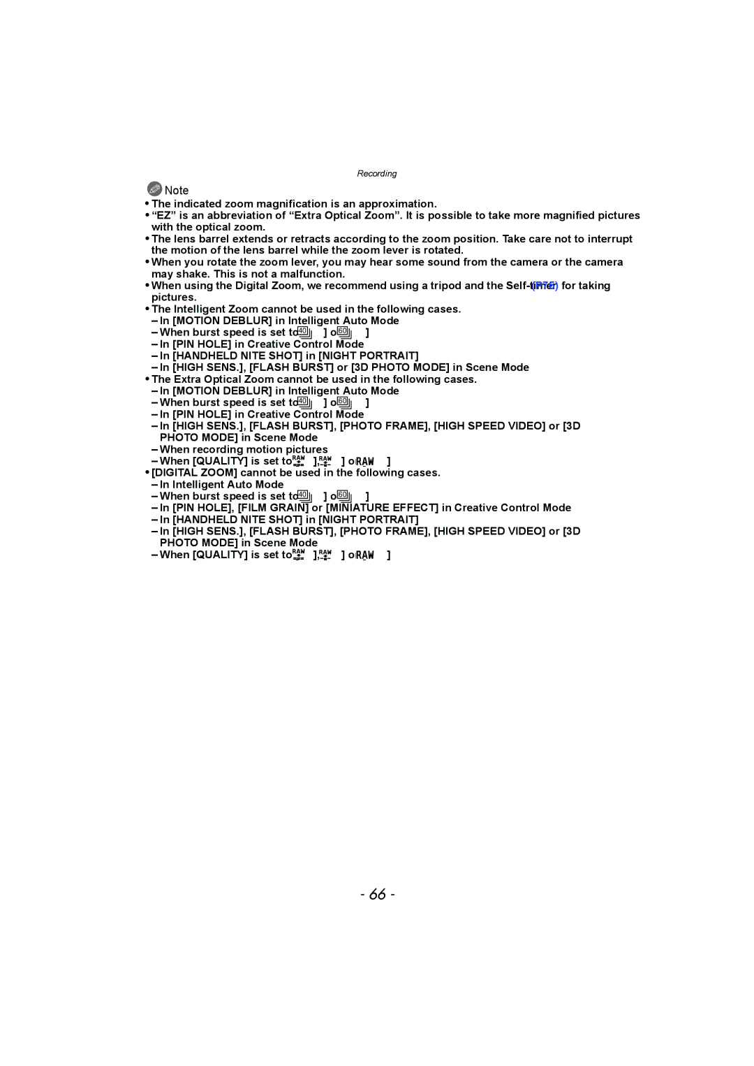 Panasonic DMC-FZ150 operating instructions Recording 