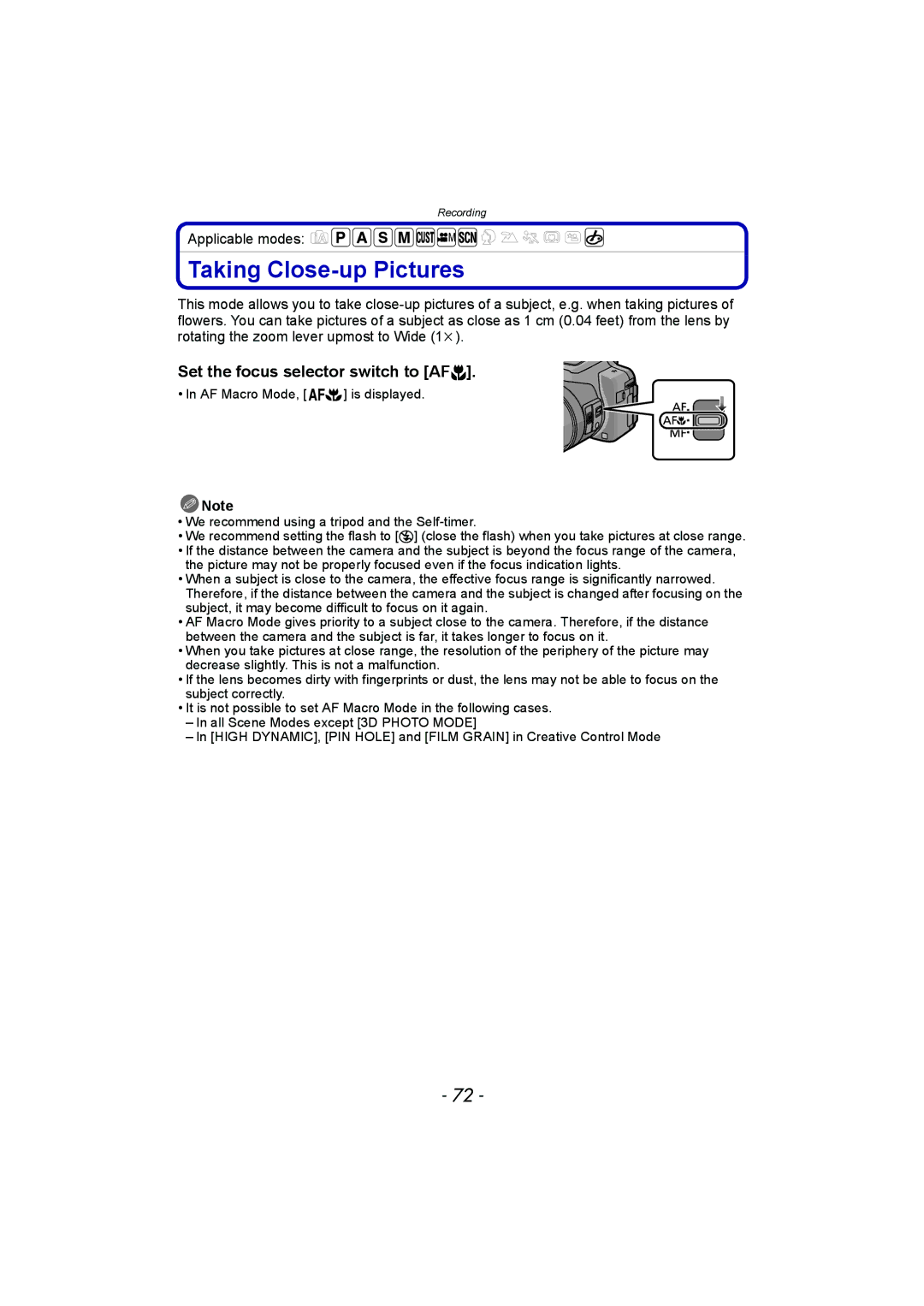 Panasonic DMC-FZ150 operating instructions Taking Close-up Pictures, Set the focus selector switch to AF# 