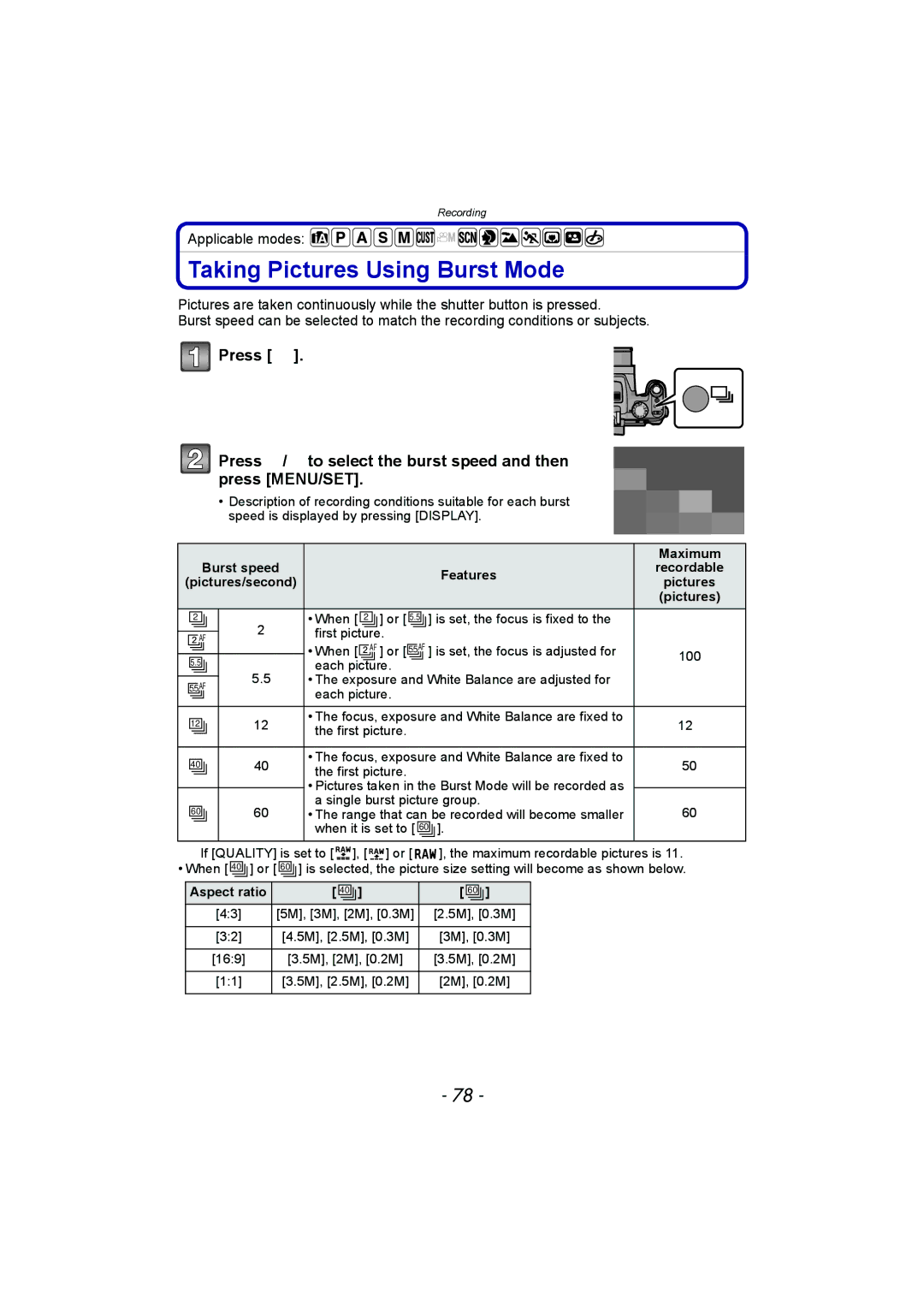 Panasonic DMC-FZ150 operating instructions Taking Pictures Using Burst Mode, Burst speed Maximum Features, Aspect ratio 