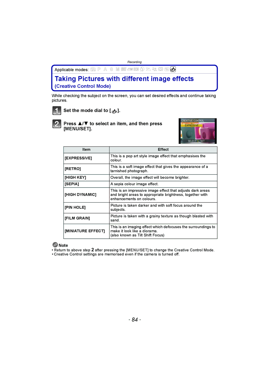 Panasonic DMC-FZ150 operating instructions Taking Pictures with different image effects, Effect 