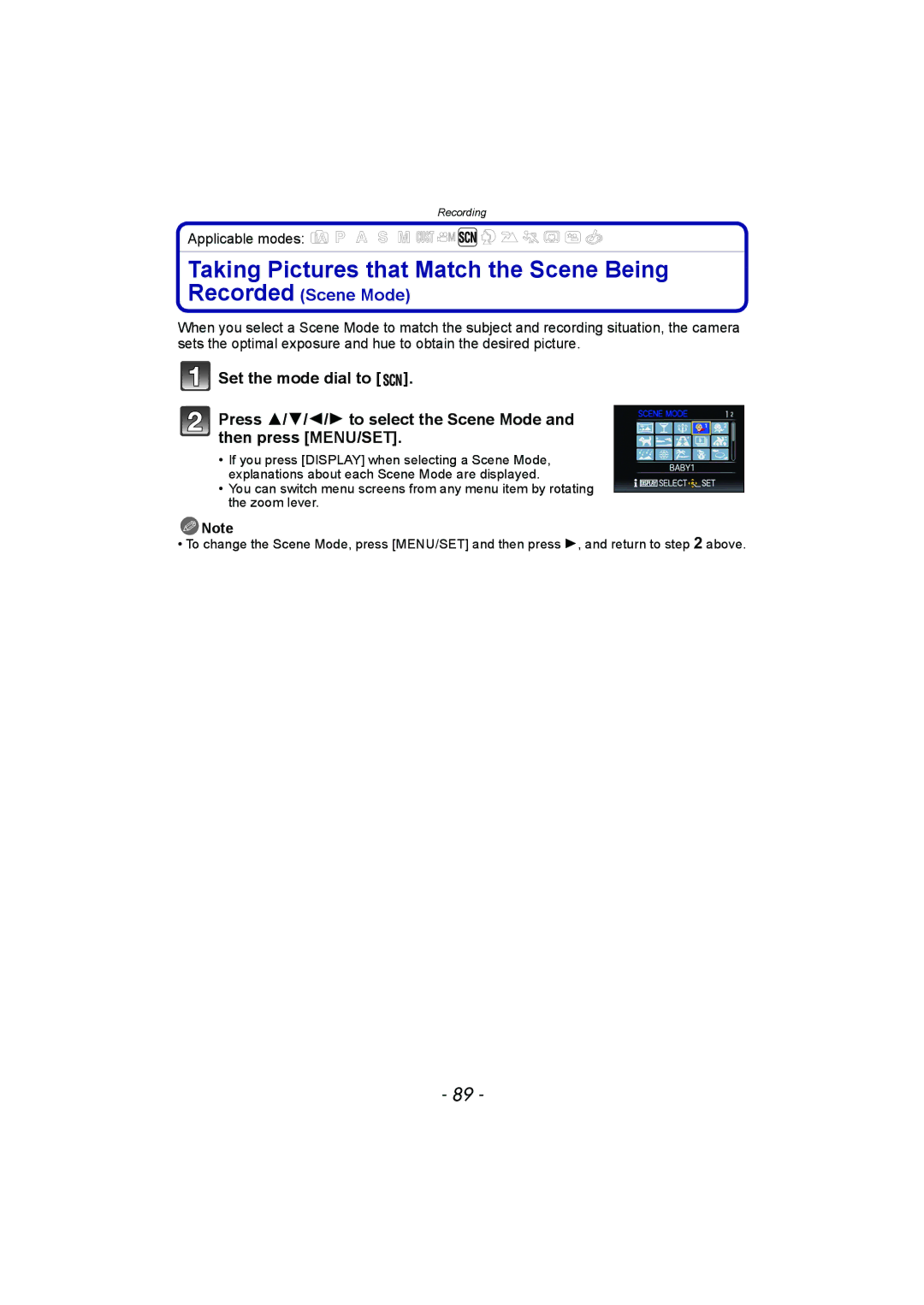 Panasonic DMC-FZ150 operating instructions Taking Pictures that Match the Scene Being, Recorded Scene Mode 