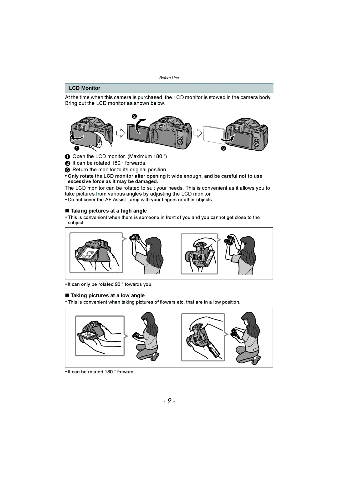 Panasonic DMC-FZ150 operating instructions LCD Monitor, Taking pictures at a high angle, Taking pictures at a low angle 