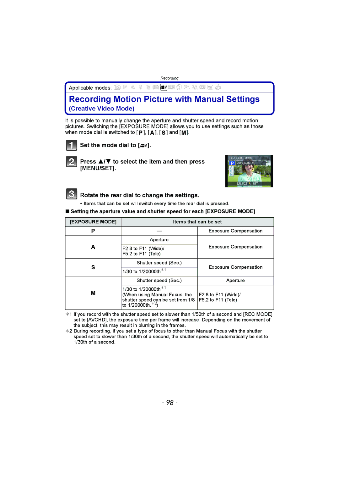 Panasonic DMC-FZ150 operating instructions Recording Motion Picture with Manual Settings, Items that can be set 