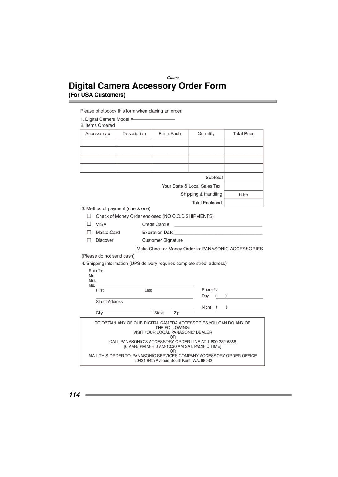 Panasonic DMC-FZ15P operating instructions Digital Camera Accessory Order Form, For USA Customers 