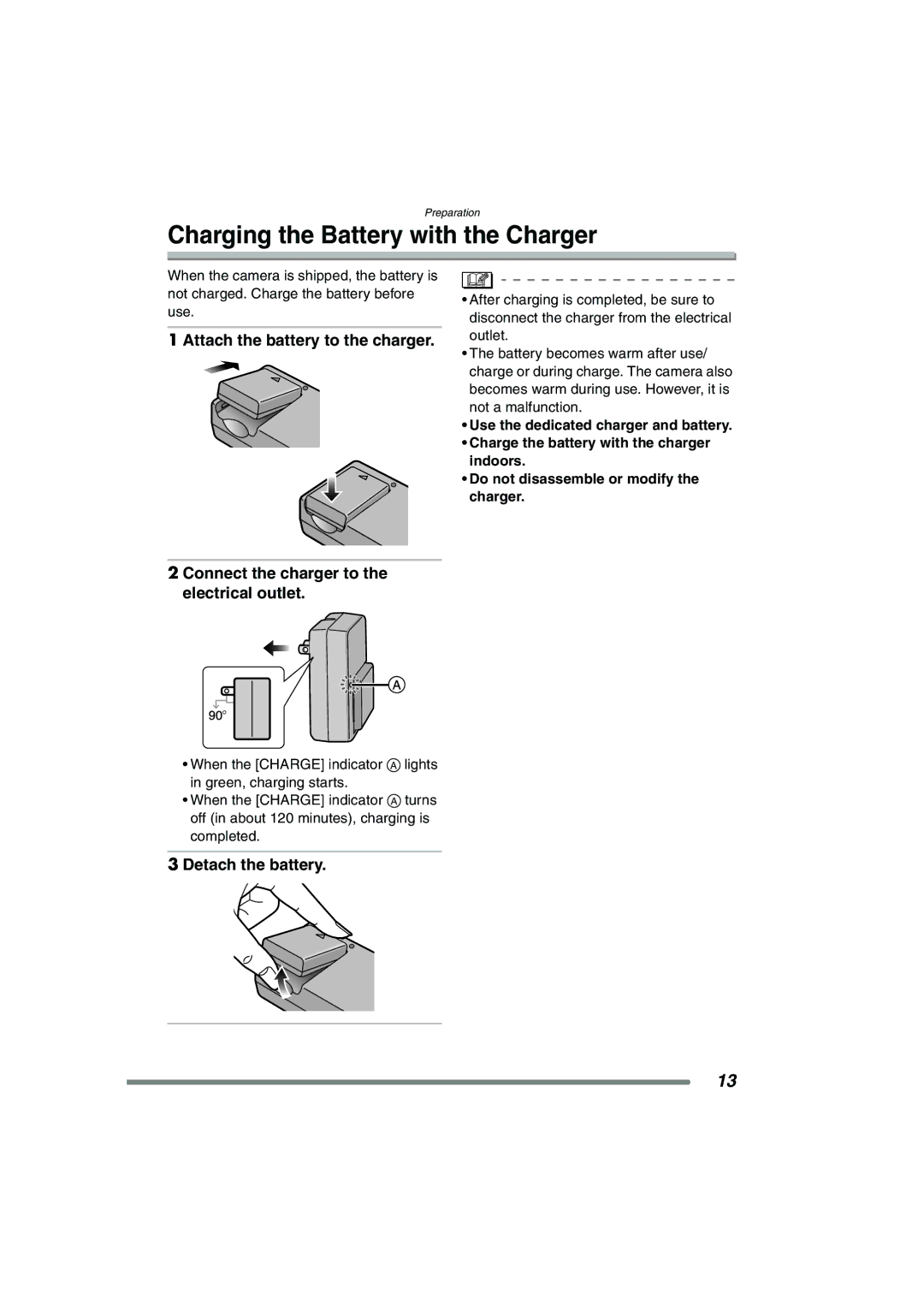 Panasonic DMC-FZ15P Charging the Battery with the Charger, Attach the battery to the charger, Detach the battery 