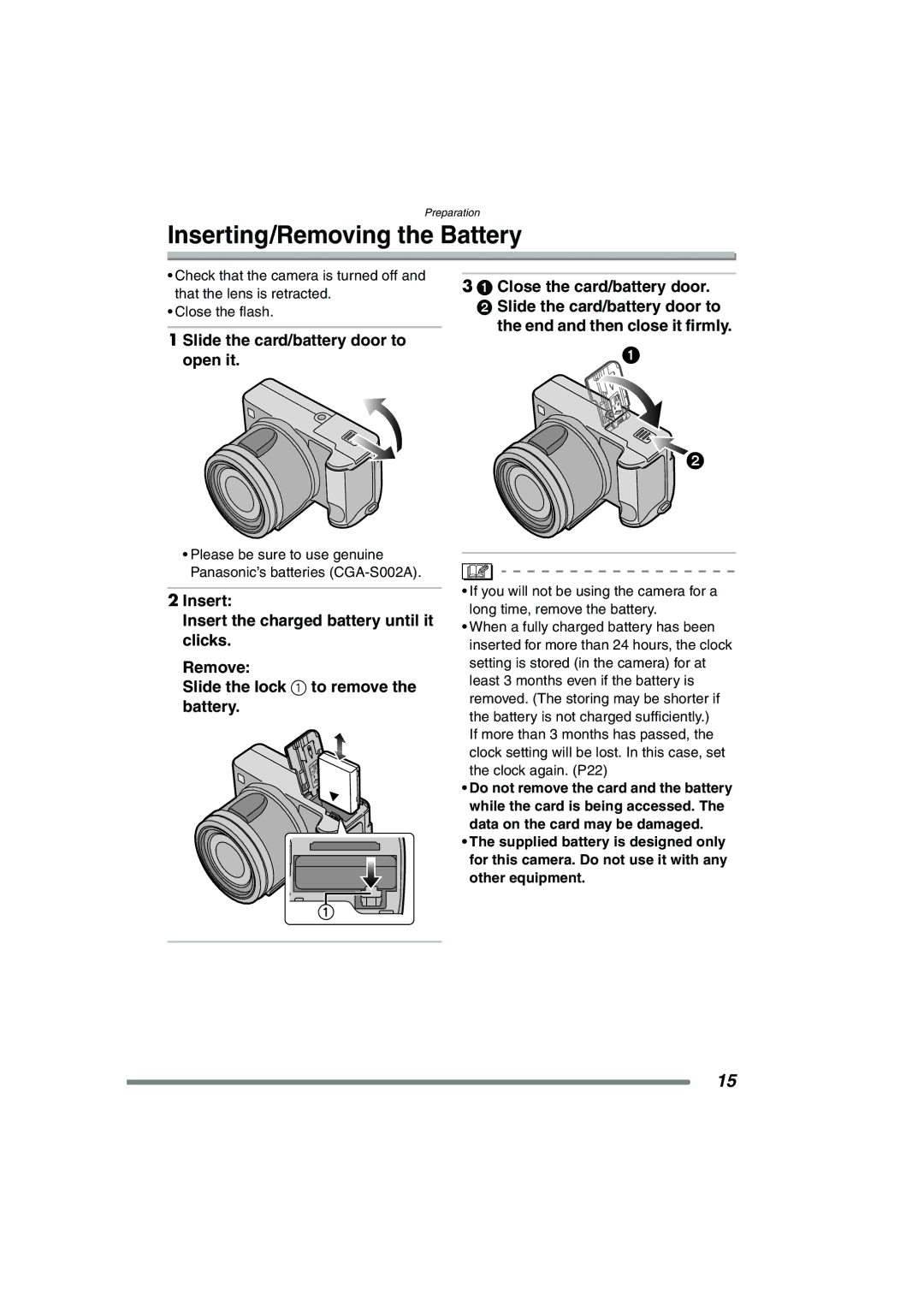 Panasonic DMC-FZ15P operating instructions Inserting/Removing the Battery, Slide the card/battery door to open it 