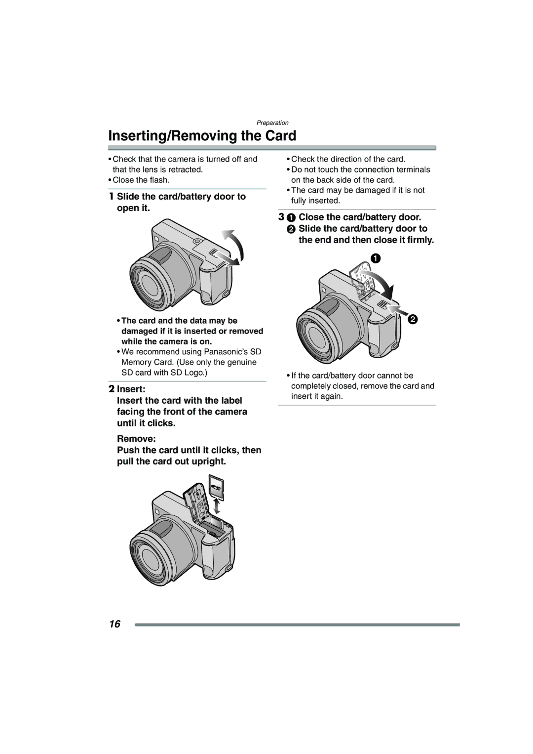 Panasonic DMC-FZ15P operating instructions Inserting/Removing the Card 