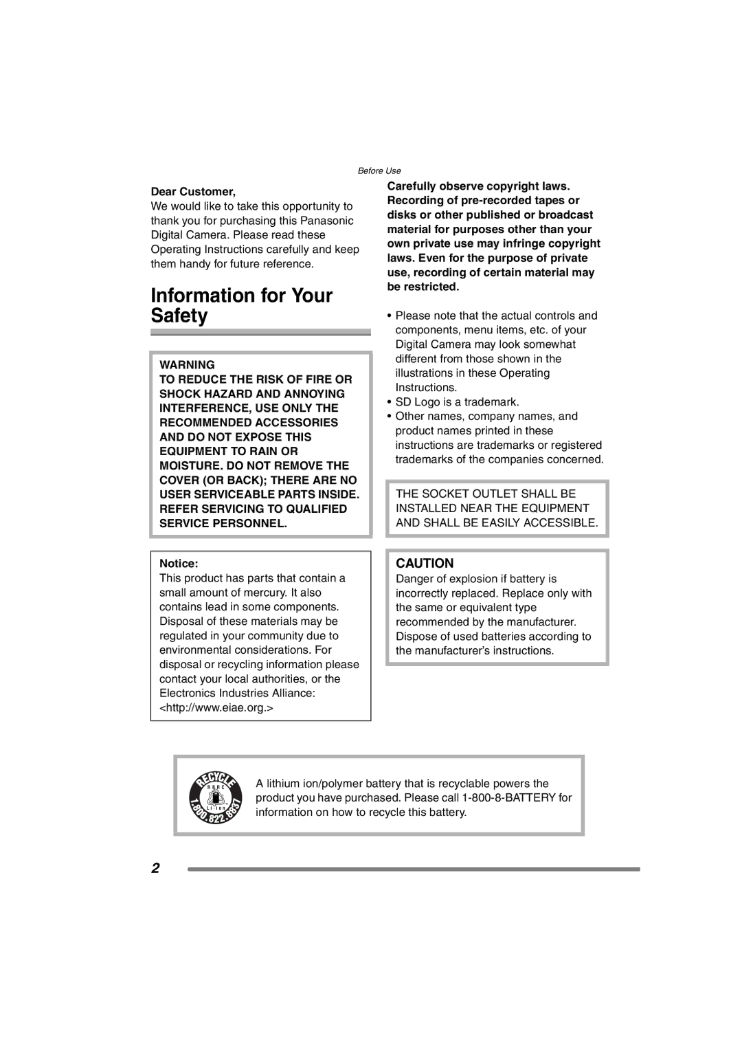 Panasonic DMC-FZ15P operating instructions Information for Your Safety, Dear Customer 