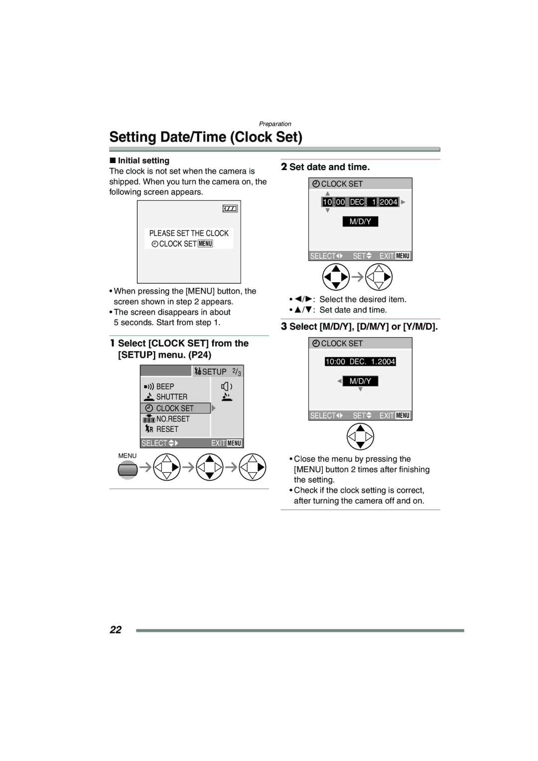 Panasonic DMC-FZ15P Setting Date/Time Clock Set, Select Clock SET from, Setup menu. P24, Set date and time 