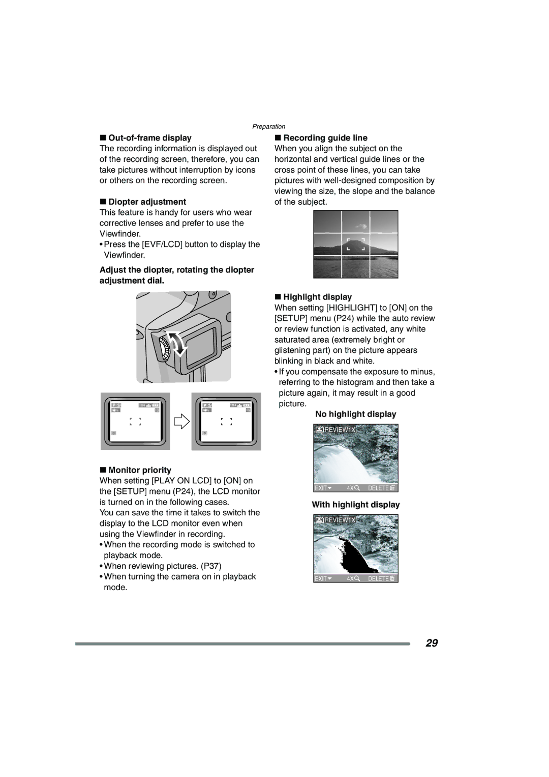 Panasonic DMC-FZ15P Out-of-frame display, Diopter adjustment, Adjust the diopter, rotating the diopter adjustment dial 