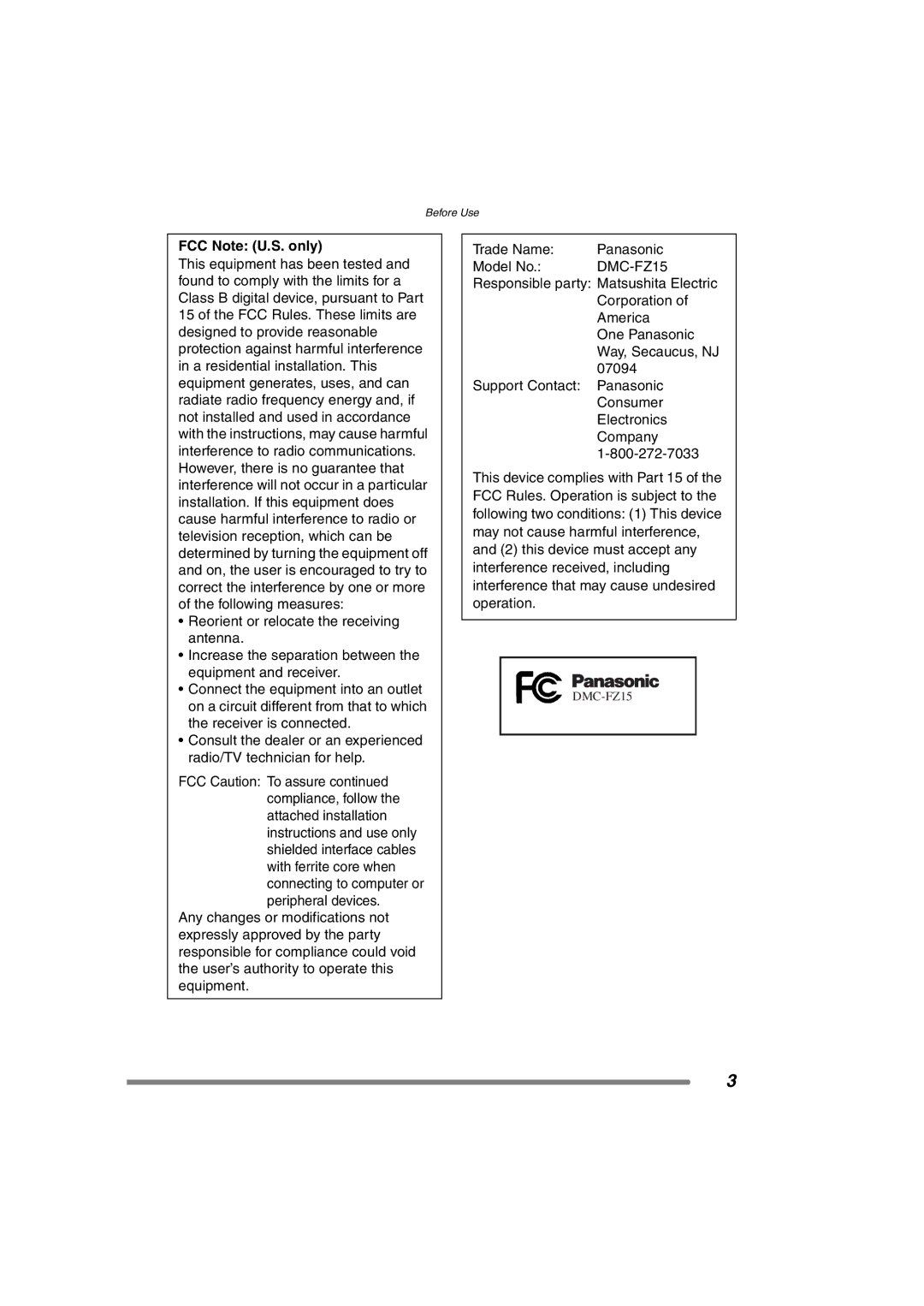 Panasonic DMC-FZ15P operating instructions FCC Note U.S. only 