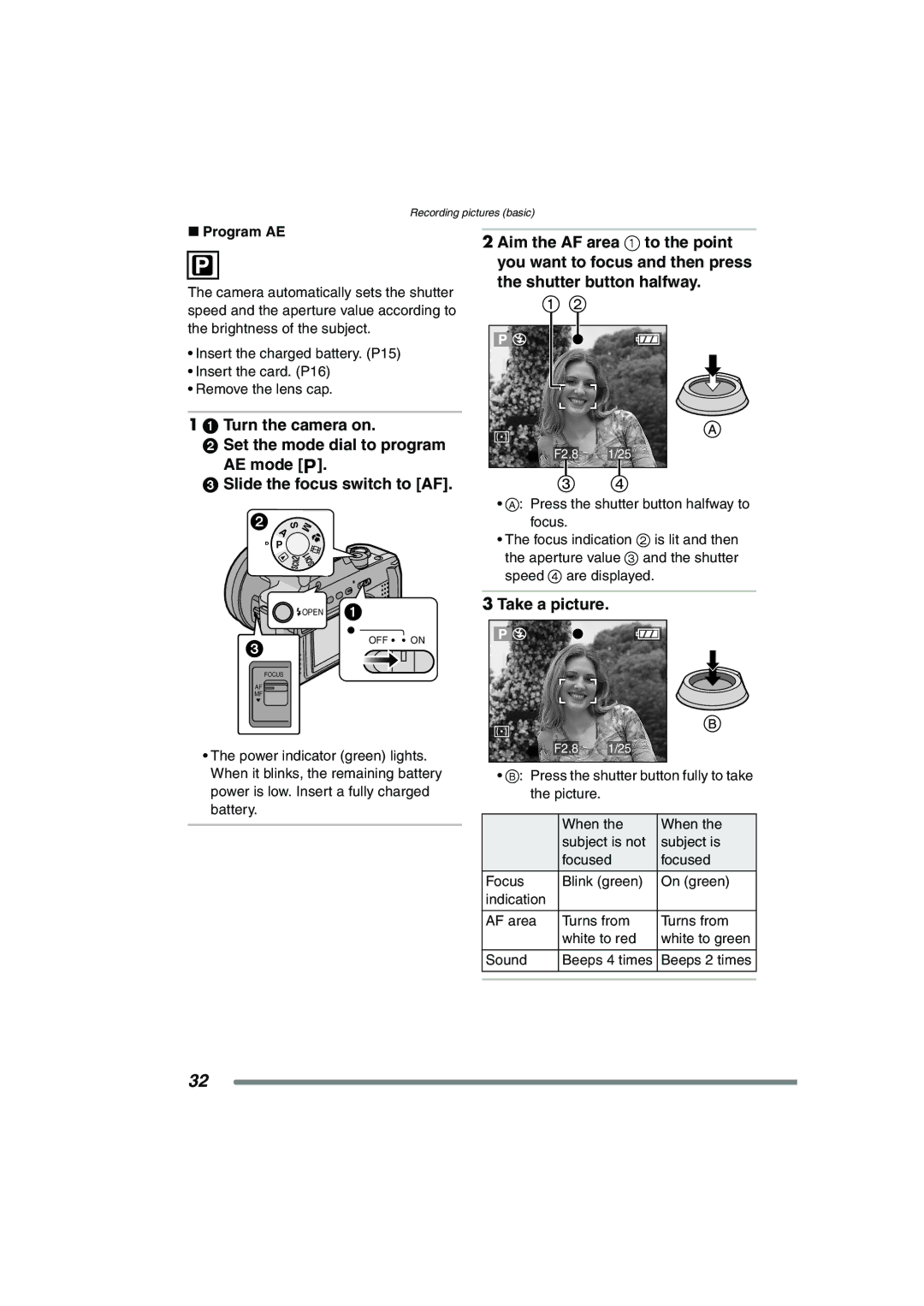 Panasonic DMC-FZ15P operating instructions Take a picture, Program AE 