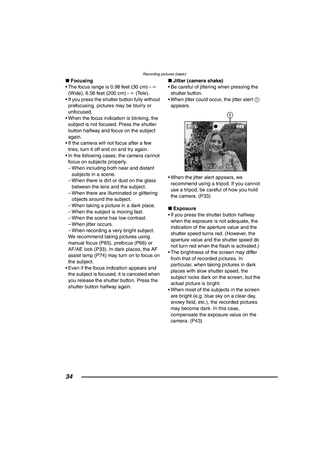 Panasonic DMC-FZ15P operating instructions Focusing, Jitter camera shake, Exposure 