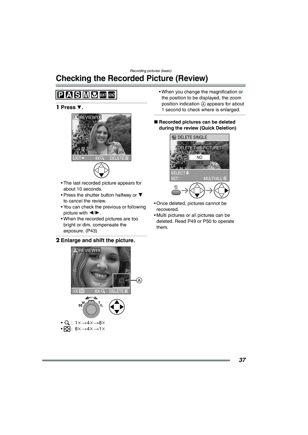 Panasonic DMC-FZ15P operating instructions Checking the Recorded Picture Review, Press, Enlarge and shift the picture 