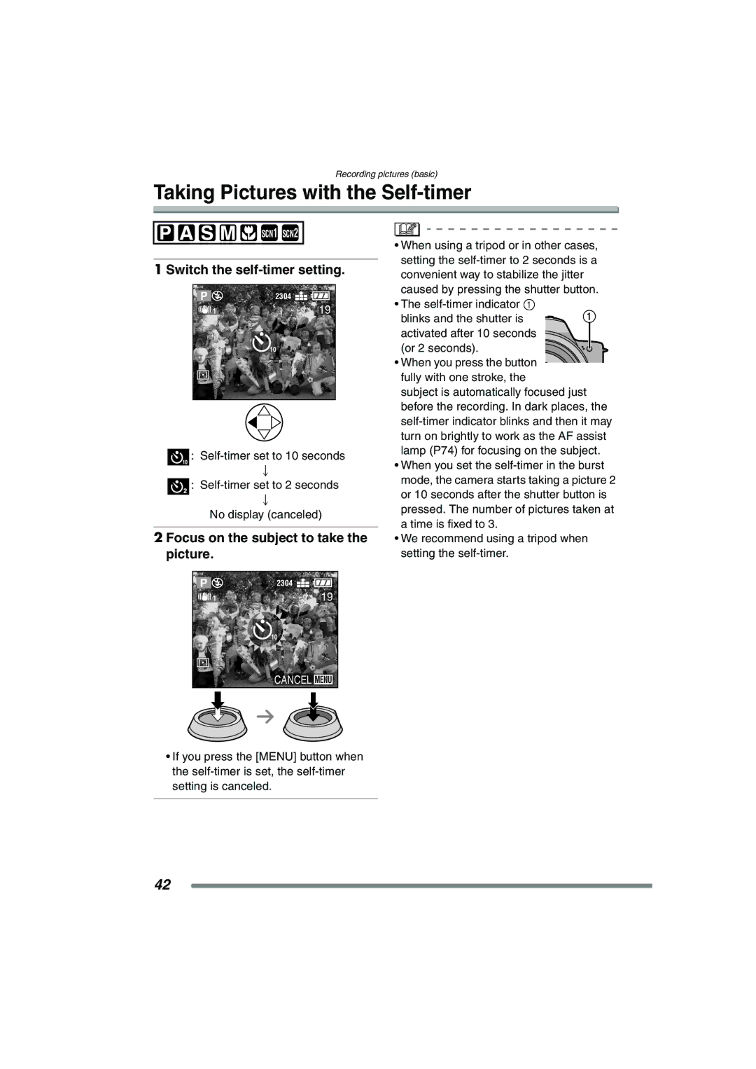 Panasonic DMC-FZ15P operating instructions Taking Pictures with the Self-timer, Switch the self-timer setting 