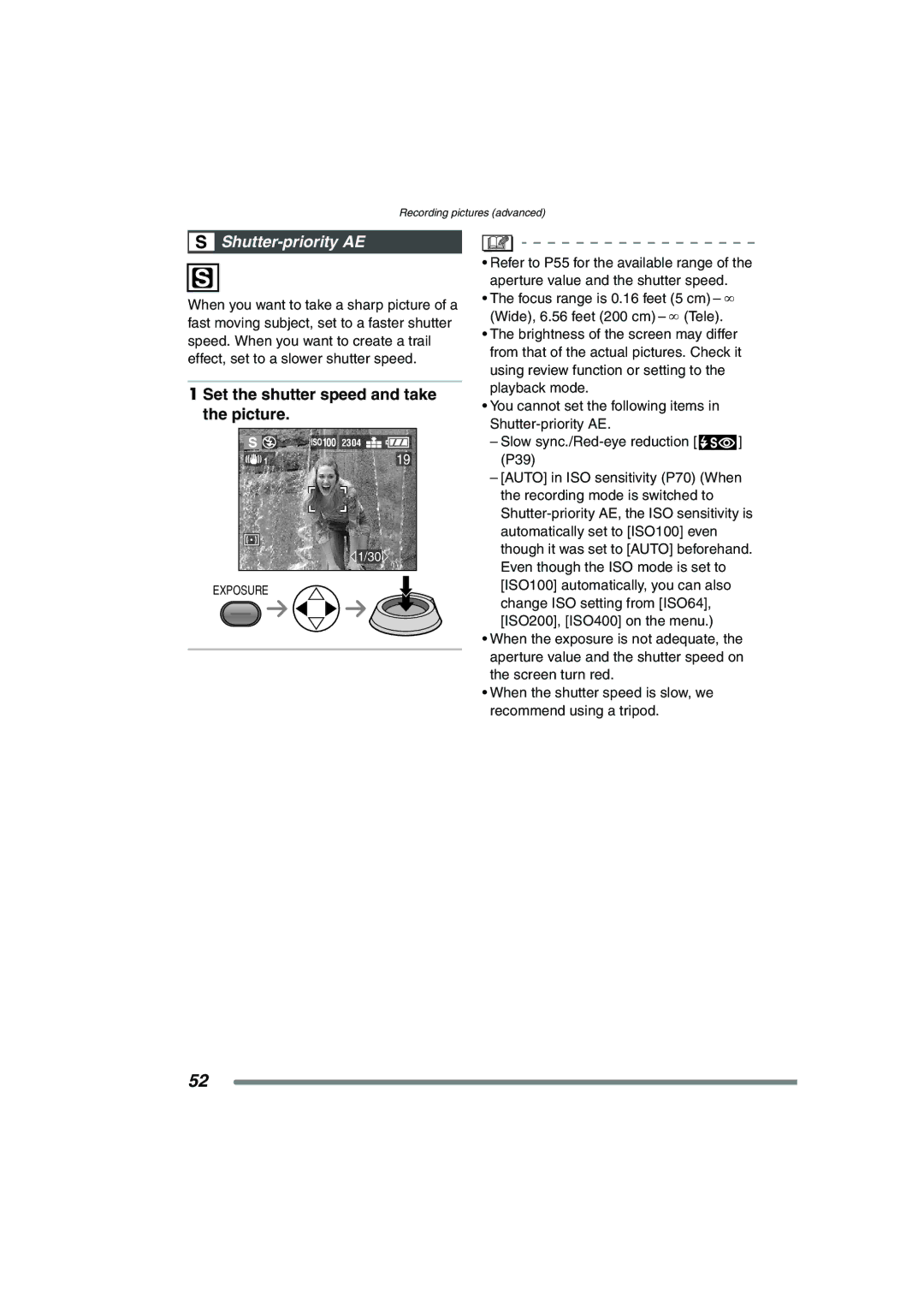 Panasonic DMC-FZ15P operating instructions Shutter-priority AE, Set the shutter speed and take the picture 