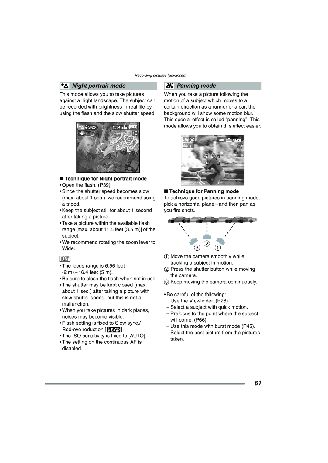 Panasonic DMC-FZ15P operating instructions Technique for Night portrait mode, Technique for Panning mode 