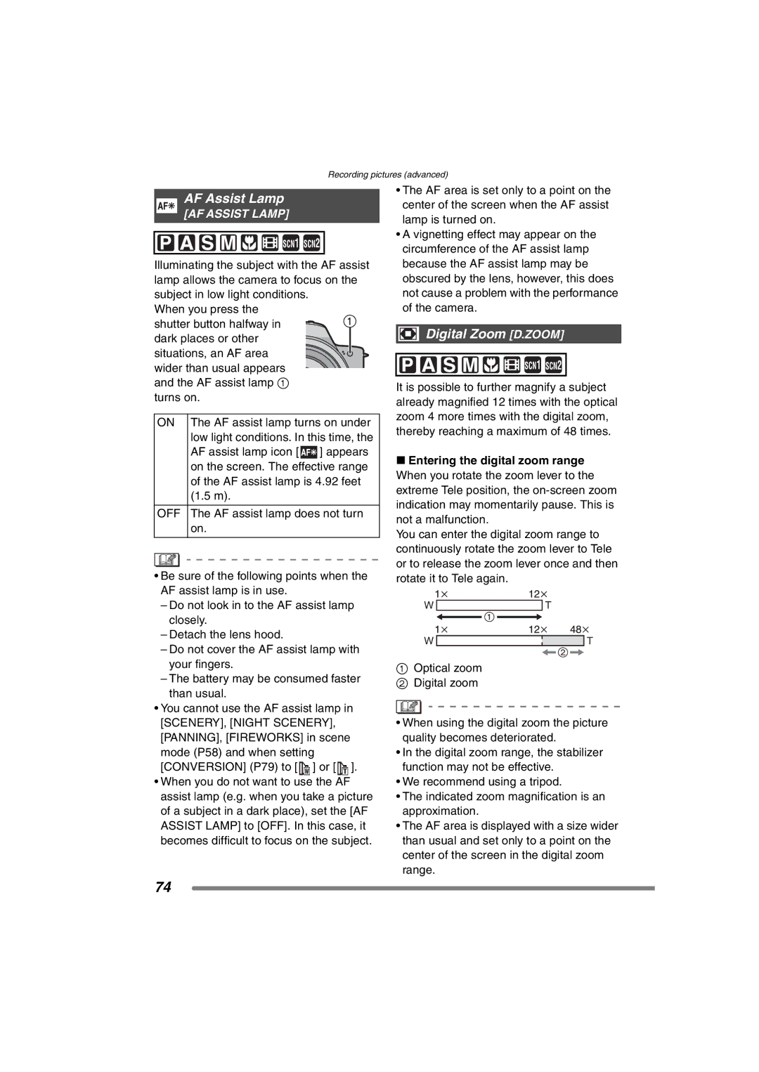 Panasonic DMC-FZ15P operating instructions AF Assist Lamp, Digital Zoom D.ZOOM, Off 