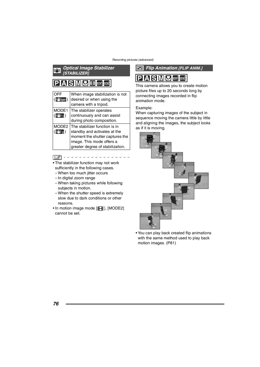 Panasonic DMC-FZ15P operating instructions Optical Image Stabilizer, Flip Animation Flip Anim, MODE1, MODE2 