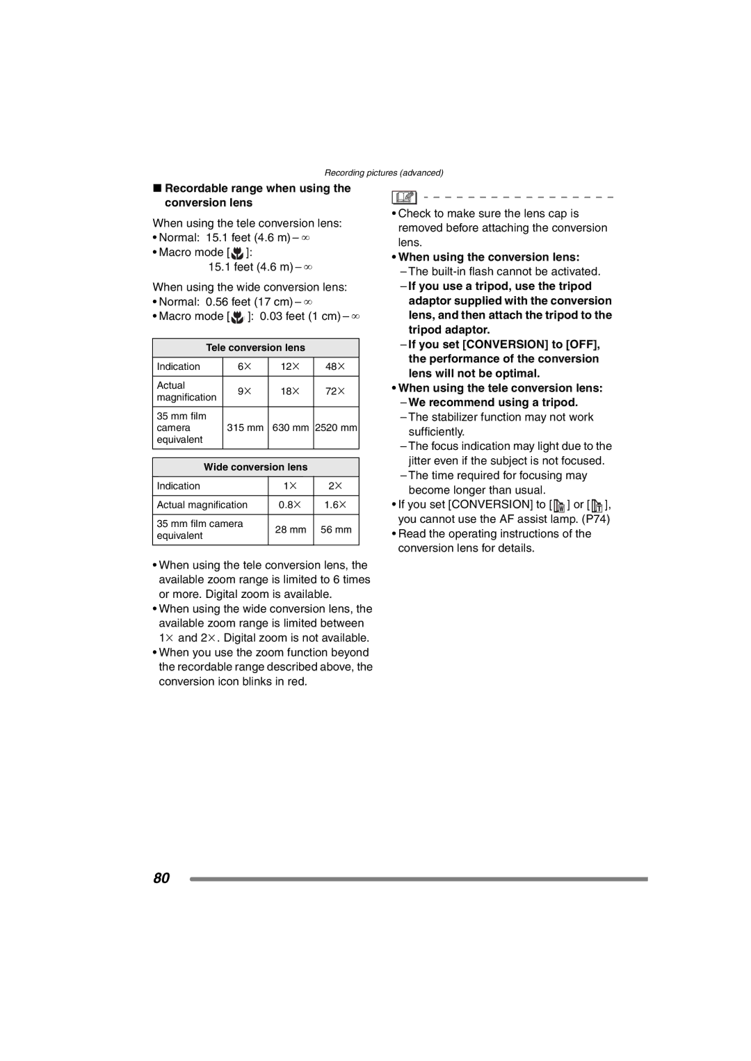 Panasonic DMC-FZ15P operating instructions Recordable range when using the conversion lens, When using the conversion lens 