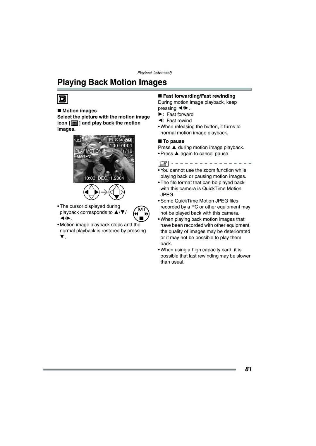 Panasonic DMC-FZ15P operating instructions Playing Back Motion Images, Motion images, To pause 