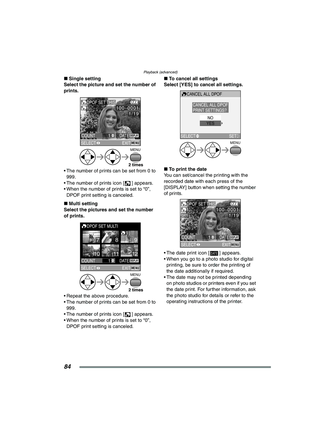 Panasonic DMC-FZ15P operating instructions To cancel all settings Select YES to cancel all settings, To print the date 