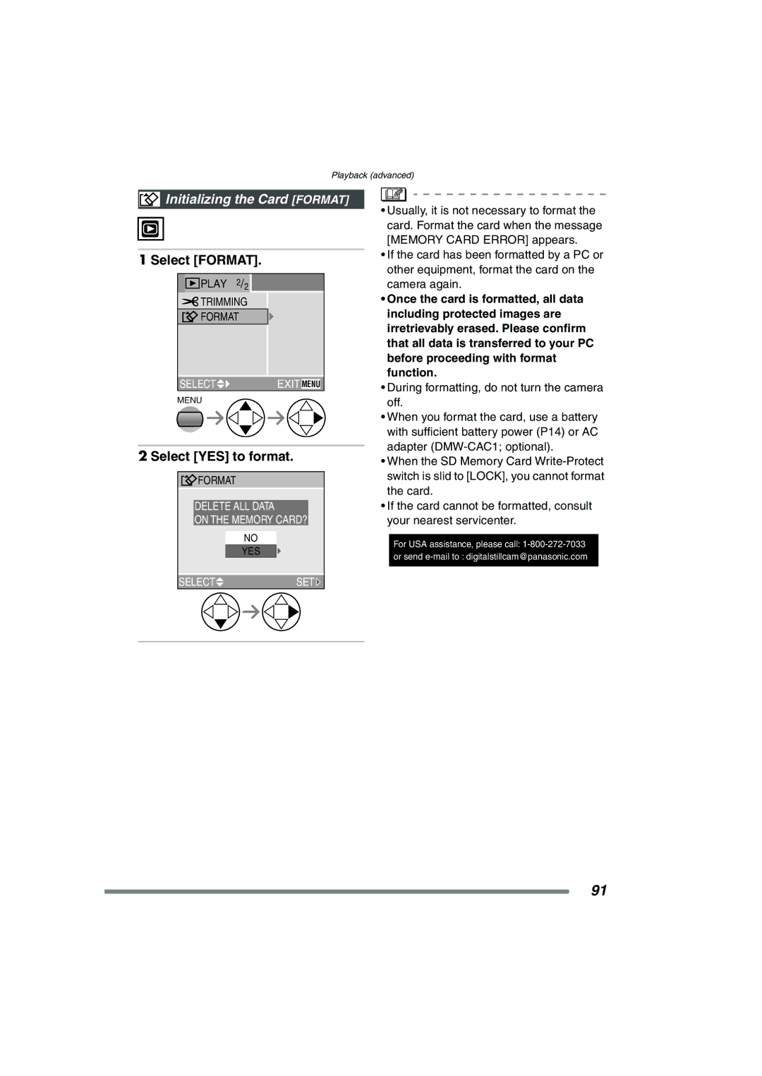 Panasonic DMC-FZ15P operating instructions Initializing the Card Format, Select Format, Select YES to format 