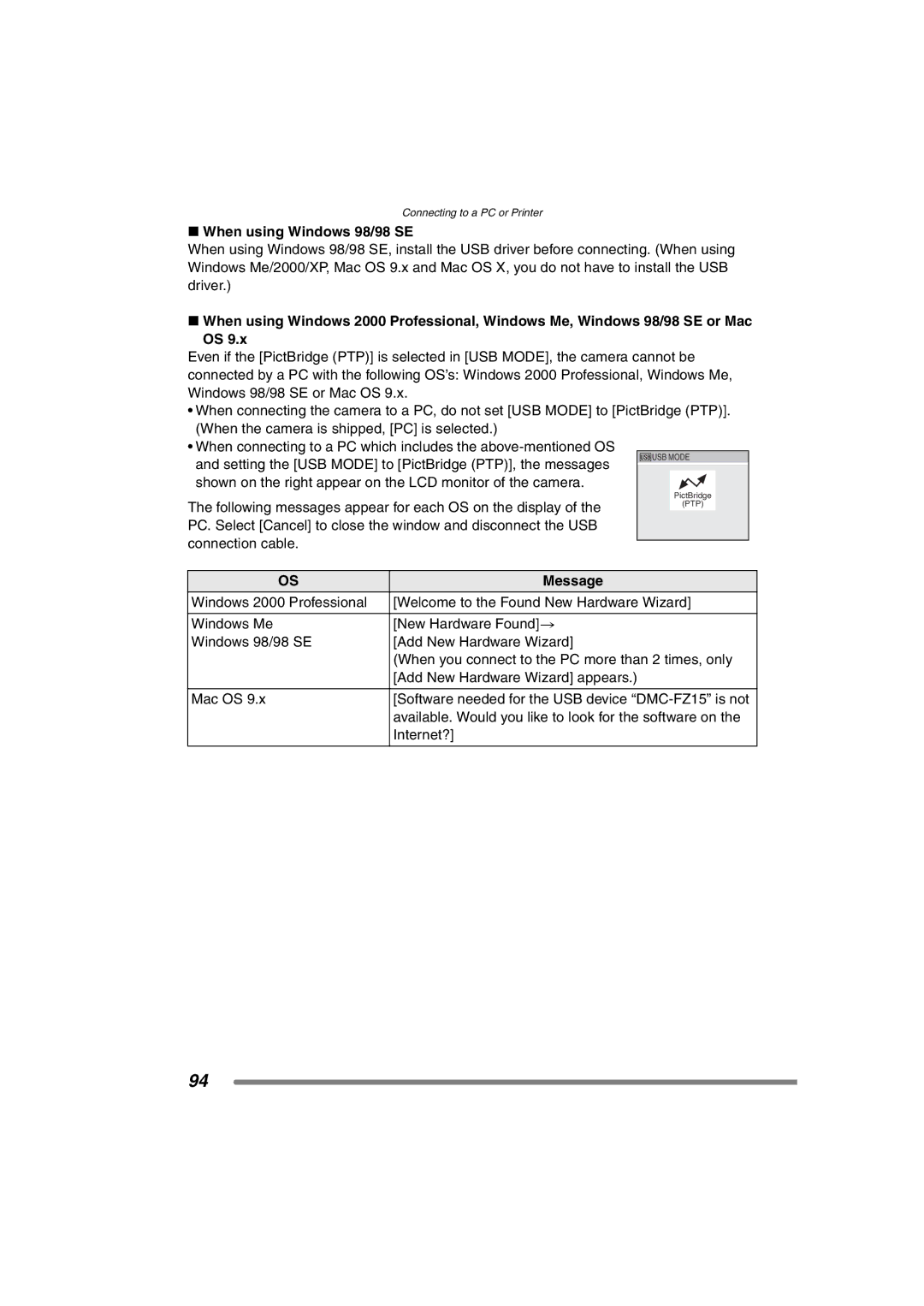 Panasonic DMC-FZ15P operating instructions When using Windows 98/98 SE, Message 