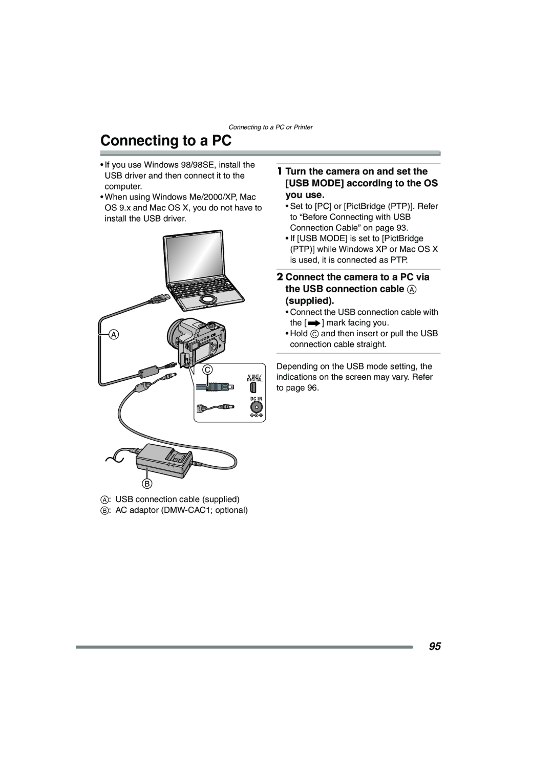 Panasonic DMC-FZ15P operating instructions Connecting to a PC 