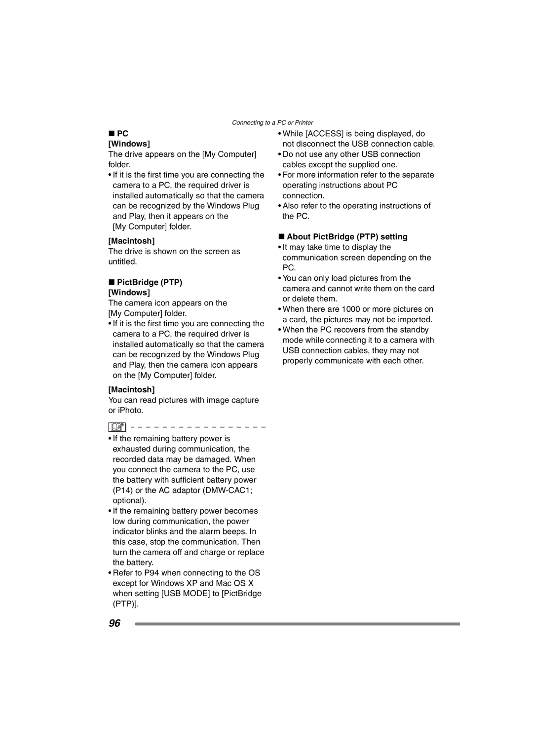 Panasonic DMC-FZ15P operating instructions PC Windows, Macintosh, PictBridge PTP Windows, About PictBridge PTP setting 