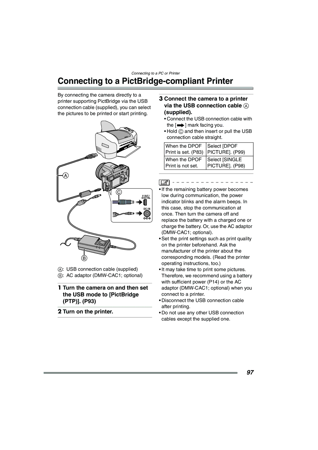 Panasonic DMC-FZ15P operating instructions Connecting to a PictBridge-compliant Printer, PICTURE. P99, PICTURE. P98 