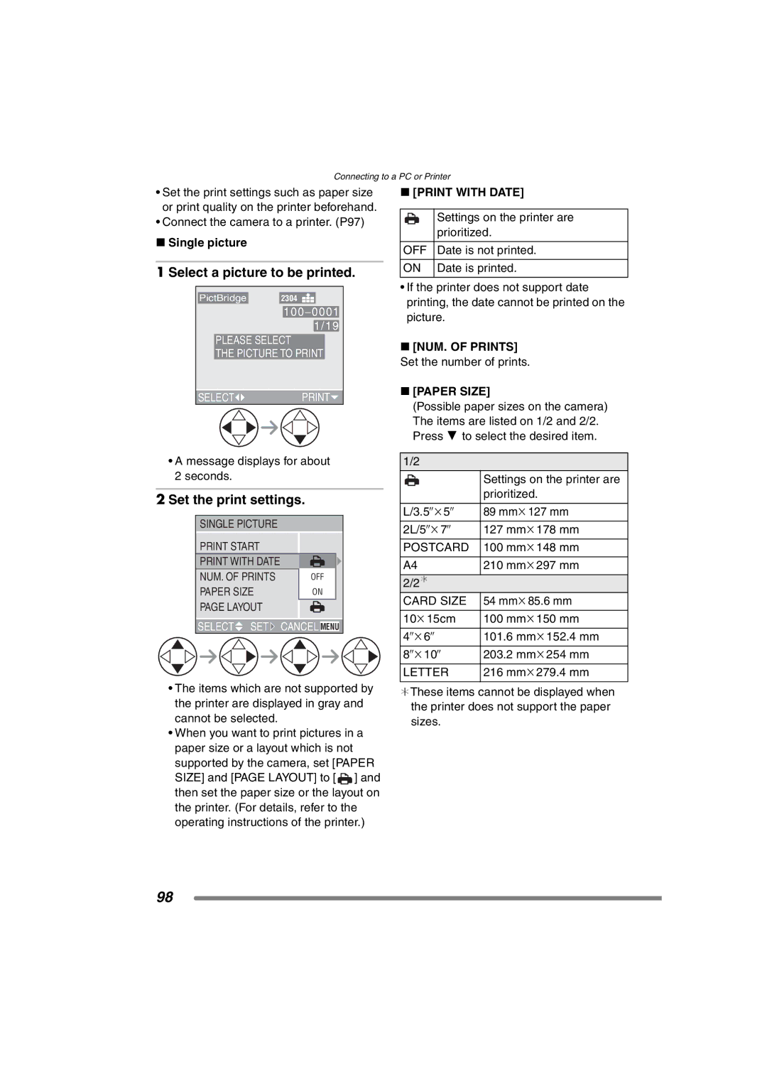 Panasonic DMC-FZ15P operating instructions Select a picture to be printed, Set the print settings, Single picture 