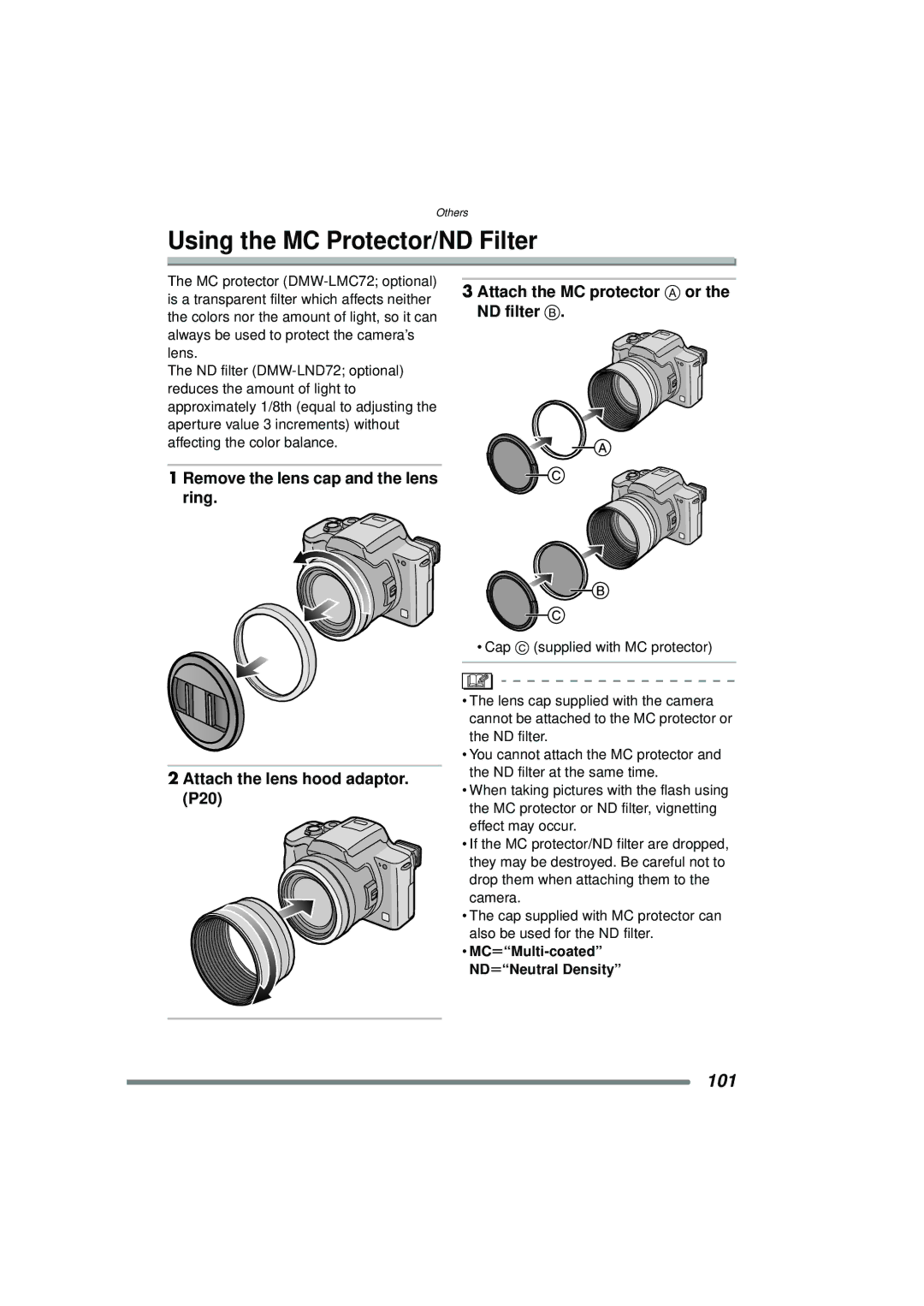 Panasonic DMC-FZ15P operating instructions Using the MC Protector/ND Filter, MCuMulti-coated NDuNeutral Density 