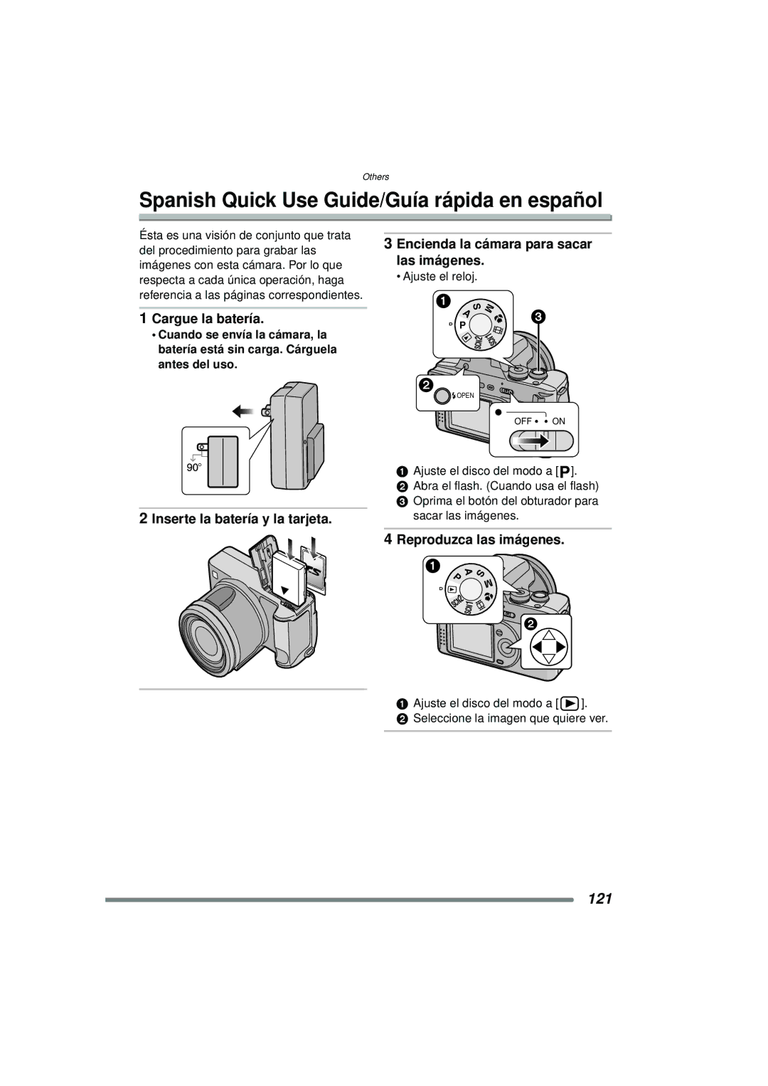 Panasonic DMC-FZ15P Spanish Quick Use Guide/Guía rápida en español, Cargue la batería, Inserte la batería y la tarjeta 