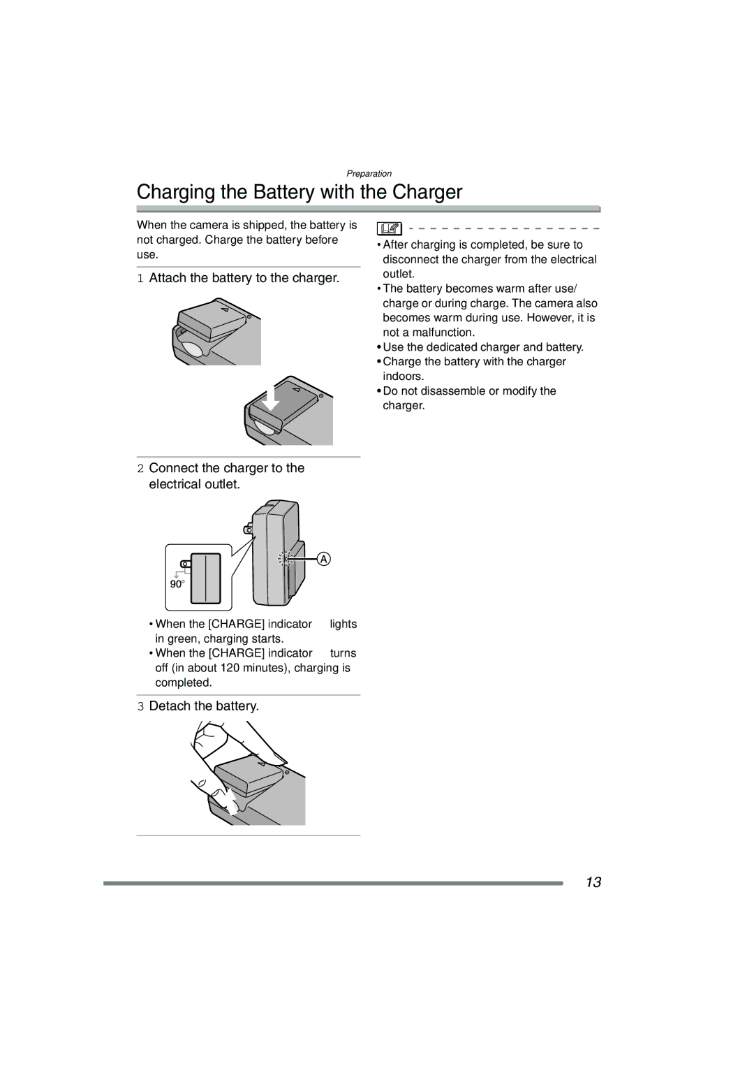 Panasonic DMC-FZ15P Charging the Battery with the Charger, Attach the battery to the charger, Detach the battery 