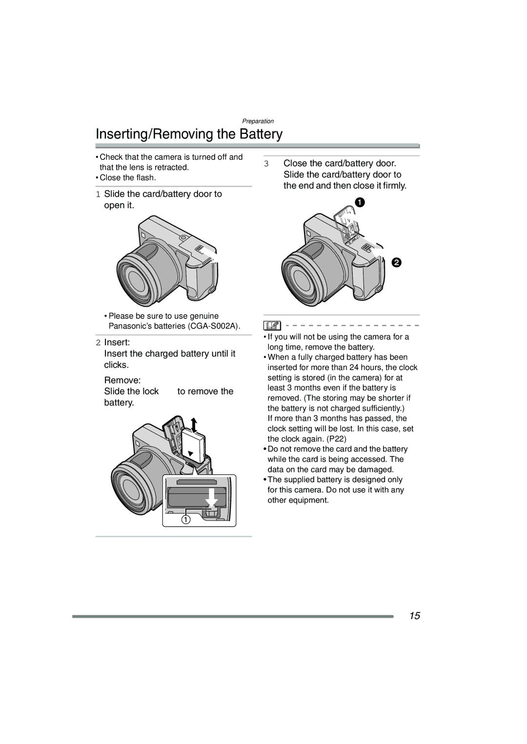 Panasonic DMC-FZ15P operating instructions Inserting/Removing the Battery, Slide the card/battery door to open it 