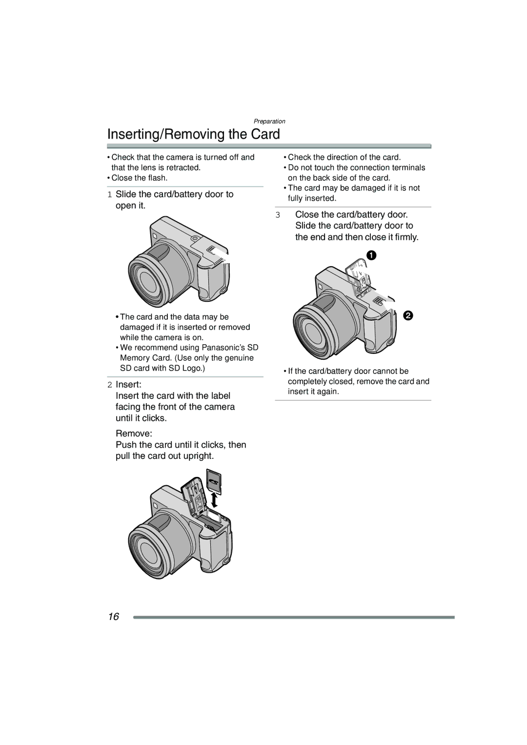 Panasonic DMC-FZ15P operating instructions Inserting/Removing the Card 