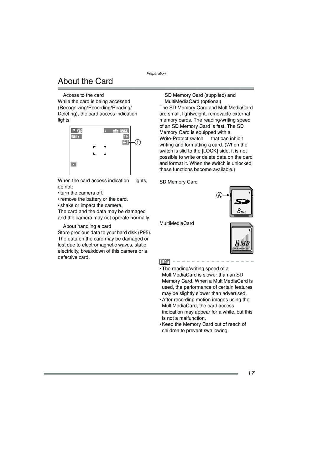 Panasonic DMC-FZ15P About the Card, Access to the card, About handling a card, SD Memory Card MultiMediaCard 