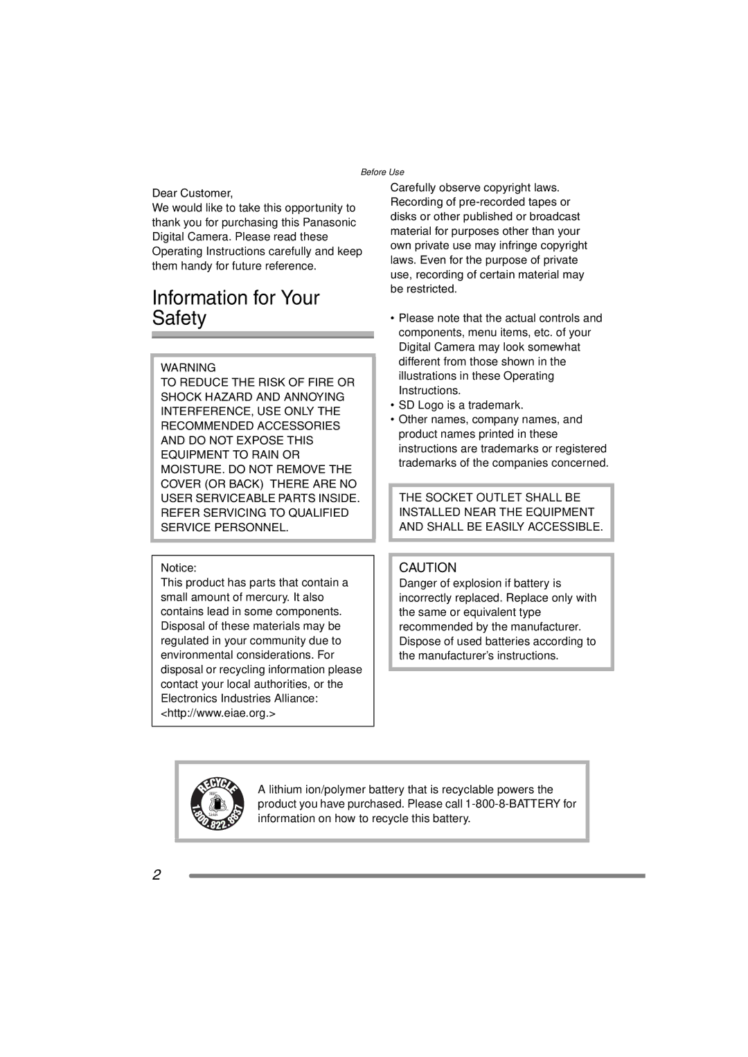 Panasonic DMC-FZ15P operating instructions Information for Your Safety, Dear Customer 