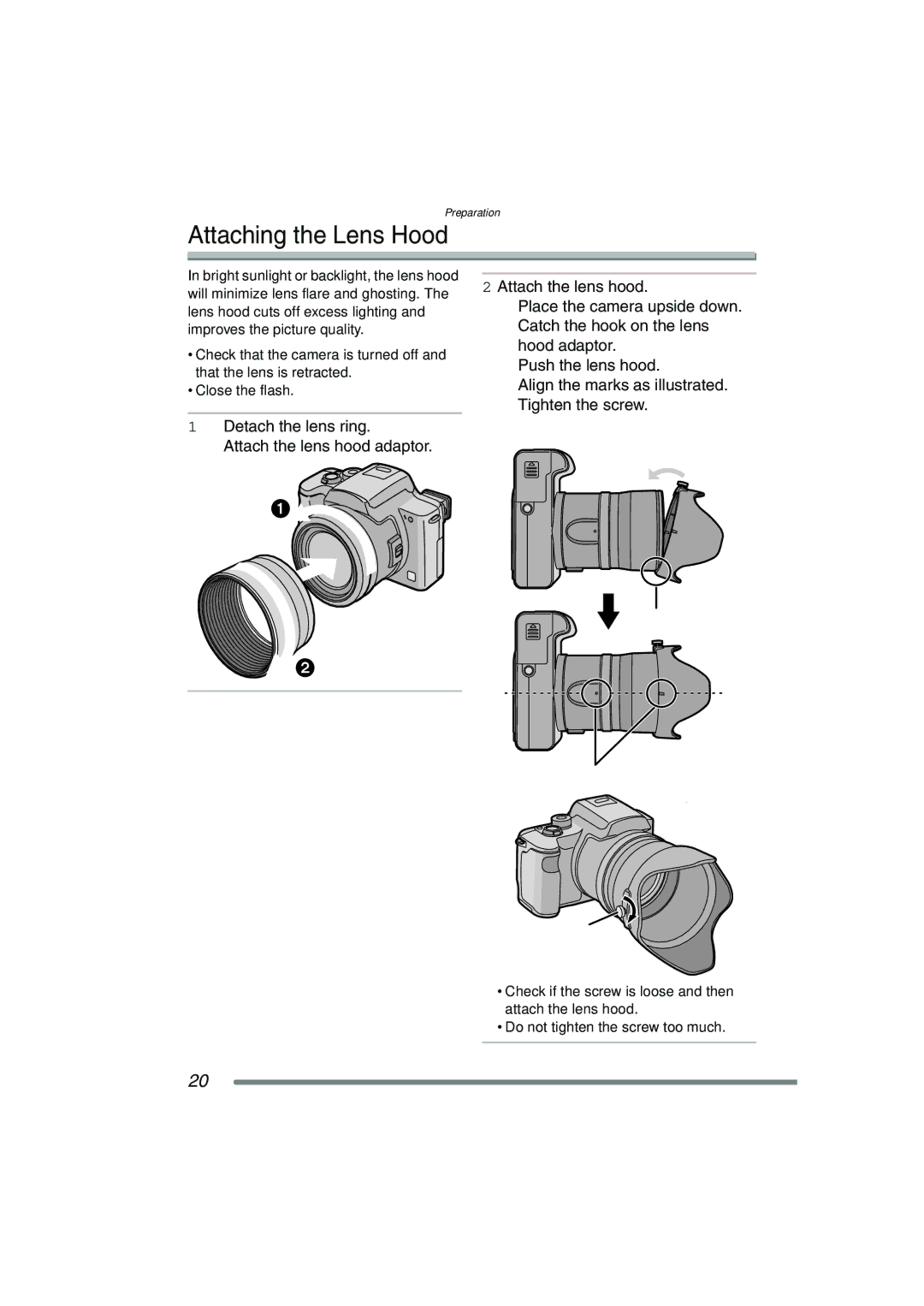 Panasonic DMC-FZ15P operating instructions Attaching the Lens Hood 