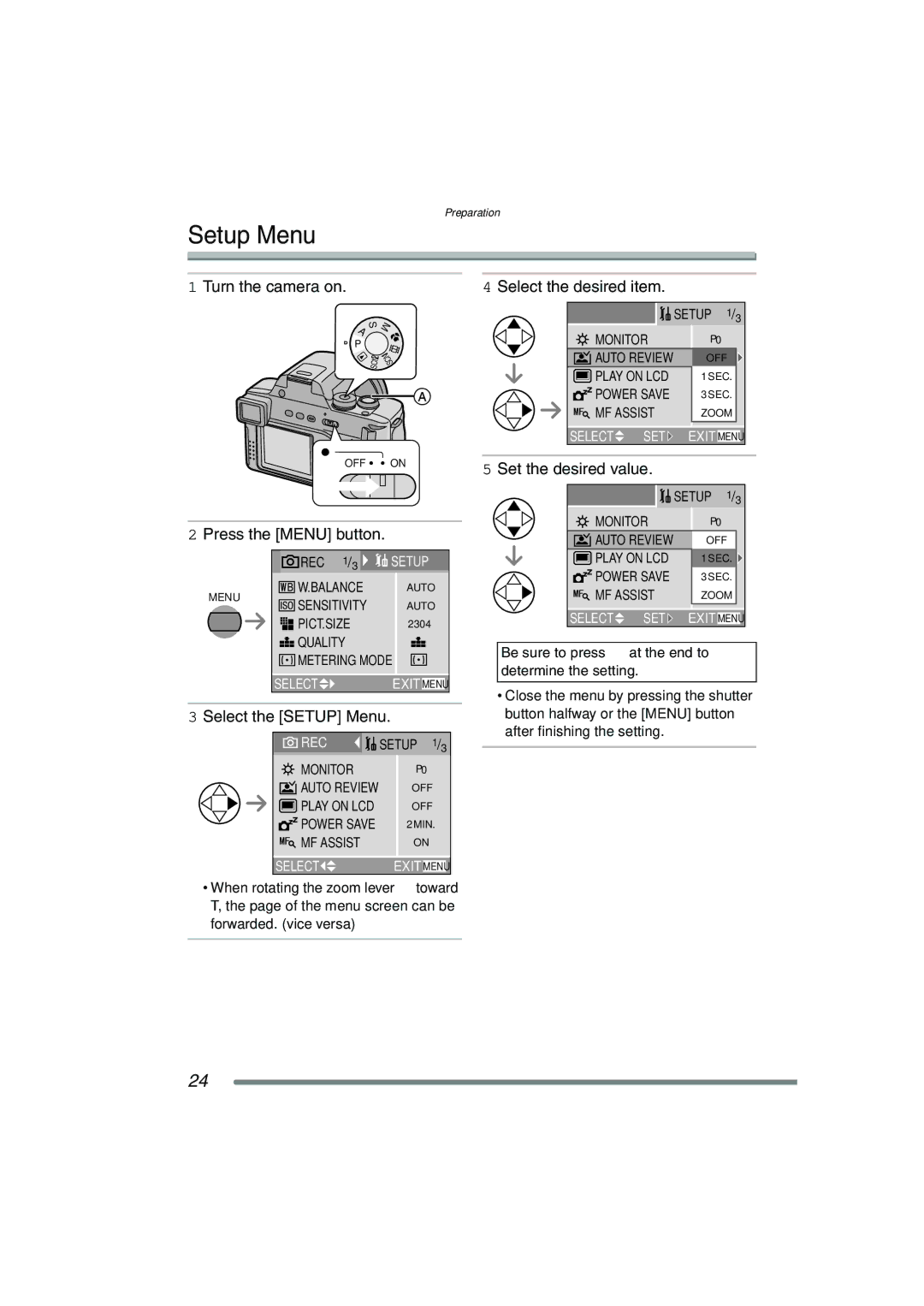 Panasonic DMC-FZ15P operating instructions Setup Menu 